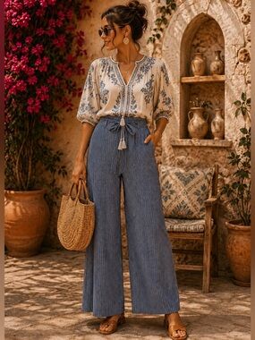 Boutique Anthropologie Inspired Blue Stripe Wide Leg Pants | Effortless Style